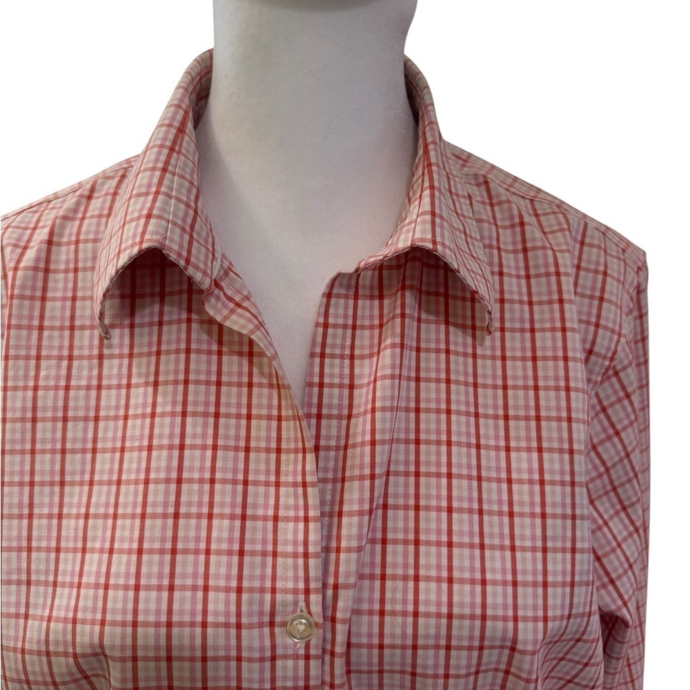 Women's Land End No Iron Pinpoint Oxford Pink Plaid Button-Up Shirt size 12 - Picture 3 of 10